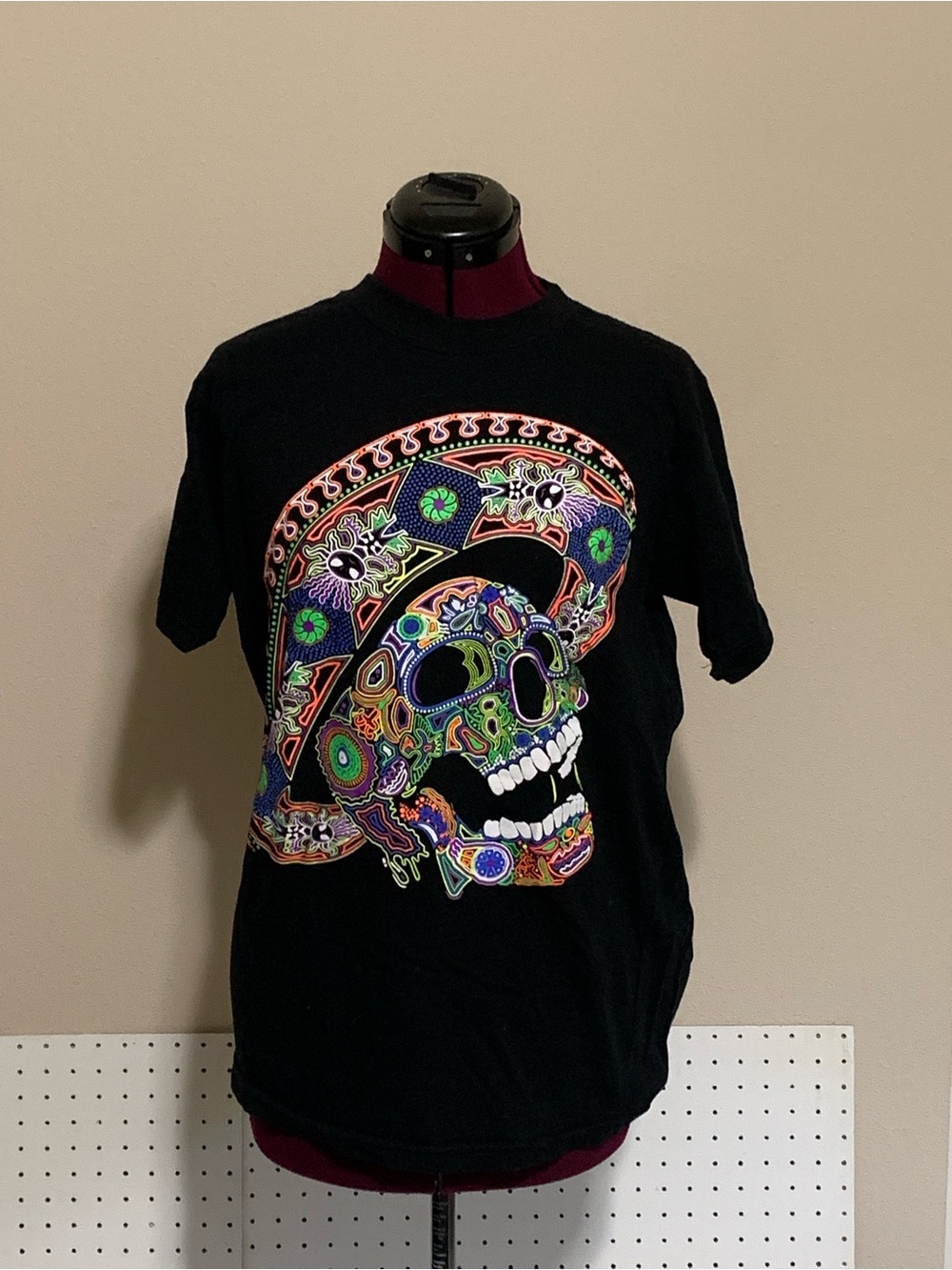 Black Short-Sleeve Tee with Colorful Skull Graphic